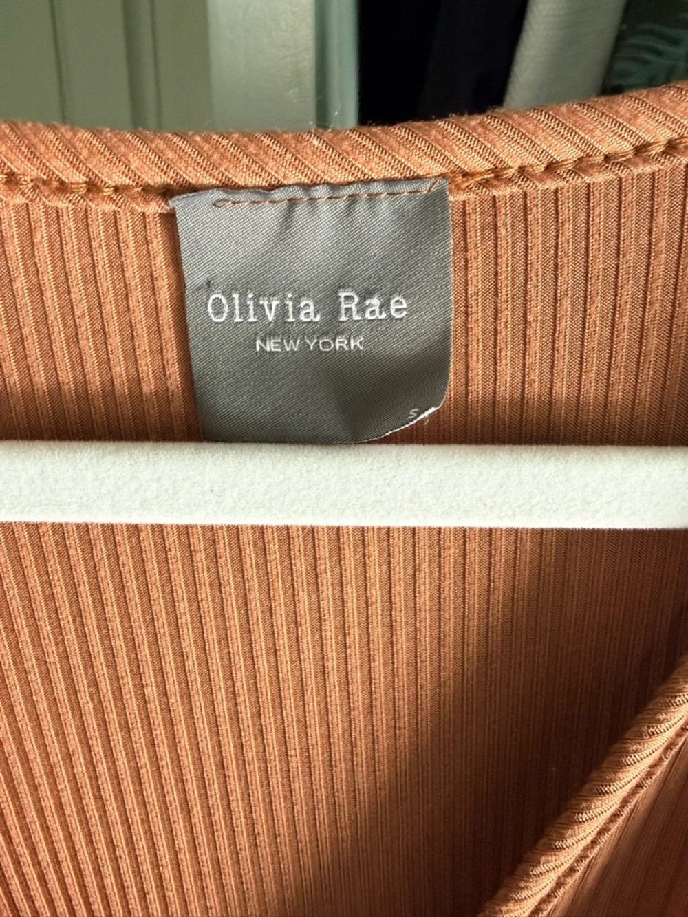 Olivia Rae Ribbed V-Neck Tiered Mini Dress in Terracotta